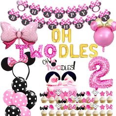 a pink and black minnie mouse birthday party supplies including balloons, cupcakes and decorations