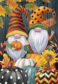 two gnomes sitting next to each other with pumpkins