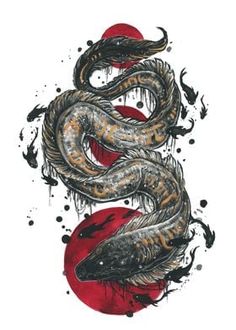 a drawing of a snake on top of a red and black circle with ink splots