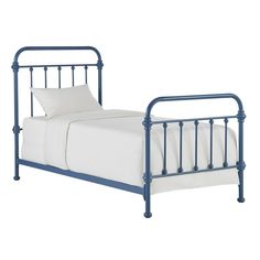 a blue metal bed frame with white sheets