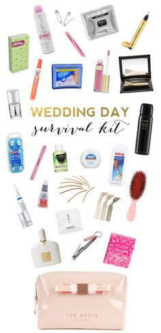 the wedding day survival kit includes makeup, toiletries and other personal care items