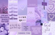 a collage of purple and white images with words that say, i love you