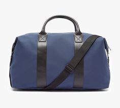 The classic duffel gets a stylish update with the minimalist Neva. Navy Bag, Grey Bag, Embroidered Monogram, Navy And Brown, Leather Accents, Linen Bag, Brown Bags, Water Resistant Fabric, Leather Handles