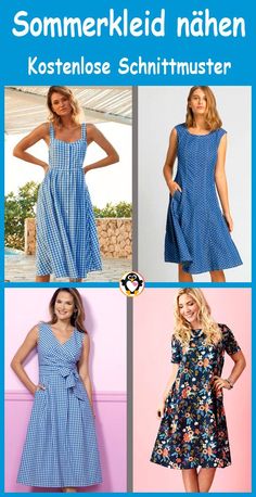 four different styles of dresses with the words sommekeld nahen kostenlosse schnitmuster