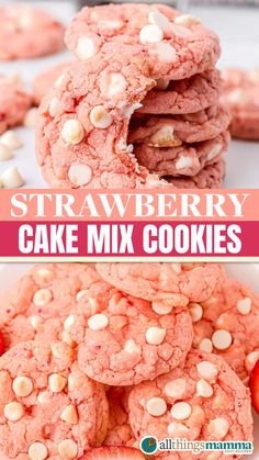 A stack of soft strawberry cake mix cookies with white chocolate chips, topped with one cookie showing a bite, surrounded by fresh strawberry slices.