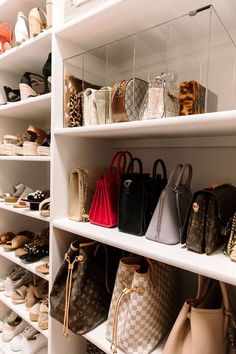 many purses are lined up on the shelves