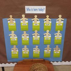 a bulletin board with paper cutouts on it that says who is here today?