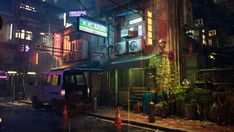 a van parked on the side of a street next to tall buildings with neon signs