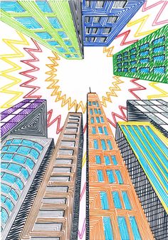 a drawing of tall buildings with colored lines in the middle