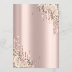 pink roses and sequins on a rose gold foiled background with white flowers