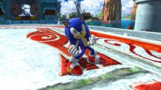 sonic the hedgehog is running on a red carpet