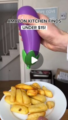 a person holding a purple blender in front of a plate of french fries with the caption amazon kitchen finds under $ 15