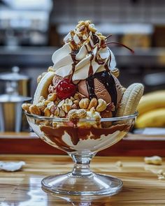 an ice cream sundae with bananas and nuts