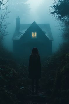 a woman standing in front of a house on a foggy day with the light coming through