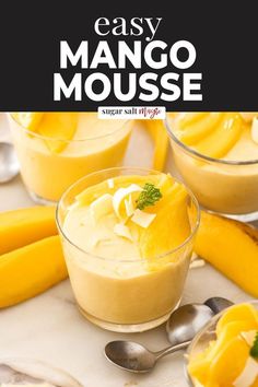 easy mango mousse in small glass bowls with spoons and bananas on the side