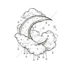 a drawing of the moon and clouds in black and white, with stars on them