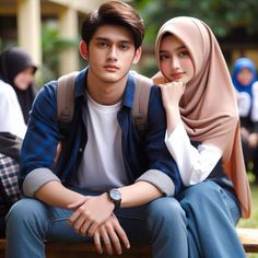 two people sitting on a bench with one woman wearing a headscarf and the other man in a hijab