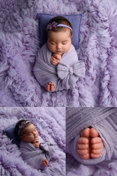 a baby sleeping on top of a purple blanket