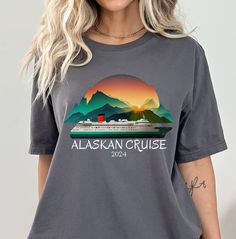 This classic unisex jersey short sleeve tee fits like a well-loved favorite. Soft cotton and quality print make users fall in love with it over and over again. These Alaskan themed t-shirts have-ribbed knit collars to bolster shaping, and the shoulders are tapered for a better fit over time. Dual side seams hold the garment's shape for longer.  ✸ DETAILS: .: This t-shirt comes with a lightweight fabric that is easy to layer  .: The retail fit that is perfect for casual and semi-formal settings. Meanwhile, the crew neckline adds a timeless, classic touch and a neat appearance that is perfect for showcasing accessories like necklaces or scarves.  .: Bella+Canvas manufactures all its products in the US and internationally in humane, no-sweat-shop, sustainable way and is part of the Fair Labor Cruise Tshirt, Cruise Gifts, Alaska Vacation, Iconic Album Covers, Alaskan Cruise, Shirt Designs For Men, Cruise Shirt, Family Cruise, Alaska Cruise