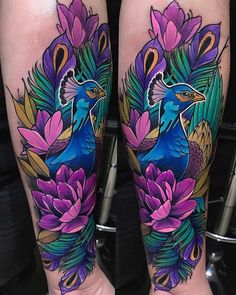 the legs are decorated with colorful flowers and peacocks on their legs, while one leg is