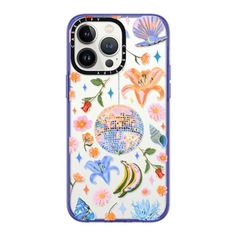 an iphone case with colorful flowers and butterflies on it, the back is shown in blue