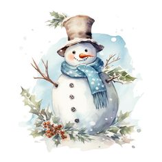 a watercolor painting of a snowman wearing a hat and scarf