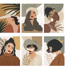 four different images of women with hats and palm leaves on their heads, one in the foreground