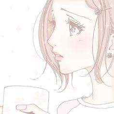 a drawing of a girl with long hair holding a coffee cup and looking at her cell phone