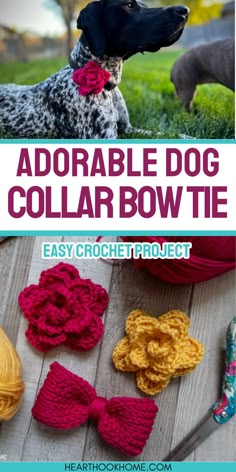 the adorable dog collar bow tie is crocheted in red and yellow yarn, with two