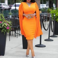 Evening Dinner Party Orange Long Sleeve Dress Autumn Fall Women Bod... Evening Dinner Party, Orange Long Sleeve Dress, Cape Sleeve Dress, Dinner Party Dress, Mid Dress, Evening Dinner, Plus Size Mini Dresses, Orange Long Sleeve, Midi Pencil Dress