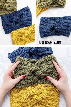 crocheted headbands with bows are shown in three different colors and sizes