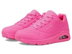 SKECHERS Uno - Stand On Air - Women's  Shoes : Hot Pink : Give maximum speed to your feet wearing SKECHERS Uno - Stand On Air footwear. Leather-textured synthetic upper. Textile lining with moisture-wicking properties. Air-Cooled Memory Foam insole. Skech-Air midsole. Round impact-protection toe. Lace-up closure. Padded collar and tongue. Perforation accents on front panel and collar. Heel panel with SKECHER street diamond S logo. Shock absorbing heel pad. Embossed side detailing. Flexible synth Pink Shoes Women, Hot Pink Shoes, S Logo, Skechers Women, On Air, Leather Texture, Pink Shoes, Women's Shoes, Moisture Wicking