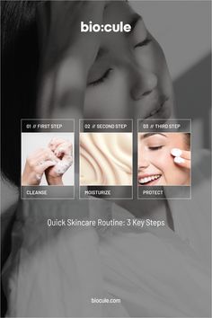 a woman with her hands on her face and the words quick skin care routine 3 key steps