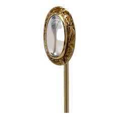 A very fine antique Edwardian gold and moonstone stickpin.  With a smooth, oval moonstone cabochon bezel set in 10k gold with decorative oval frame.  Simply a great stickpin!  Date: Early 20th Century  Overall Condition: It is in overall good, as-pictured, used estate condition with some very fine & light surface scratches and other signs of expected light wear consistent with age.  Fineness: Unmarked for gold fineness. Professionally tests at 10k.  Measurements: Length: ca. 58 mm Width: ca. 7 m Stick Pins, Oval Frame, Best Wear, Oval Cabochon, 10k Gold, Bezel Setting, Early 20th Century, Moonstone, Vintage Antiques