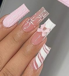 Nails Design Winter 2024, Nails For Winter Season, Pink Holiday Nails Acrylic, Medium Nails Acrylic Christmas, Baby Pink Nails Christmas, Winter Themed Acrylic Nails, Winter Wonderland Nails Acrylic Pink, Nails Acrylic For Winter, Winter Nail Designs Coffin Shape