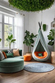 a living room filled with furniture and lots of greenery hanging from the ceiling above