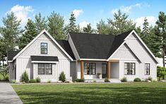 this is a computer rendering of the front elevation of these modern farmhouse houseplans