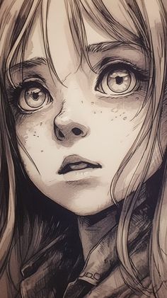 a drawing of a girl with long hair and freckles on her face, looking at the camera