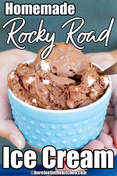 homemade rocky road ice cream in a blue bowl with text overlay that reads homemade rocky road ice cream