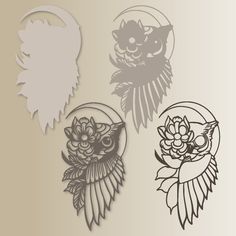 three different types of paper cut outs with flowers and owl heads on each side, one is