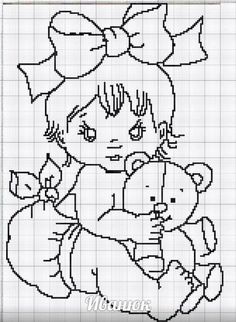 a cross stitch pattern with a girl holding a teddy bear