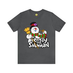 the frosty the snowman t - shirt is grey with an image of a snowman holding a broom