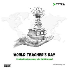 a hand holding a stack of books with the words world teacher's day on it