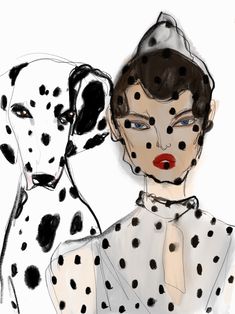 a drawing of a woman and a dalmatian dog