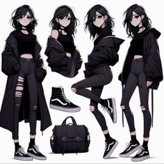 an anime character with black hair, wearing ripped jeans and high top converse shoes while standing next to a handbag