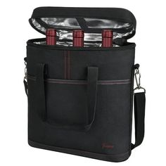 a black cooler bag with four bottles in the bottom and zippers on each side