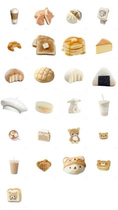 many different types of food and drinks on a white background