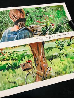 a painting of a woman riding a bike next to a tree with a quote on it