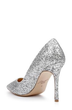 A glitter-encrusted upper makes a glamorous statement on a scene-stealing pump framed by a pointy toe and stiletto heel. 3 3/4" heel Textile upper/synthetic lining/rubber sole Imported Jewel Badgley Mischka, Badgley Mischka, Women's Pumps, Wedding Shoe, Stiletto Heels, Nordstrom, Pumps, Heels