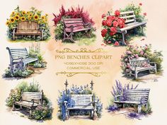 watercolor painting of benches and flowers in different stages of being painted on the paper